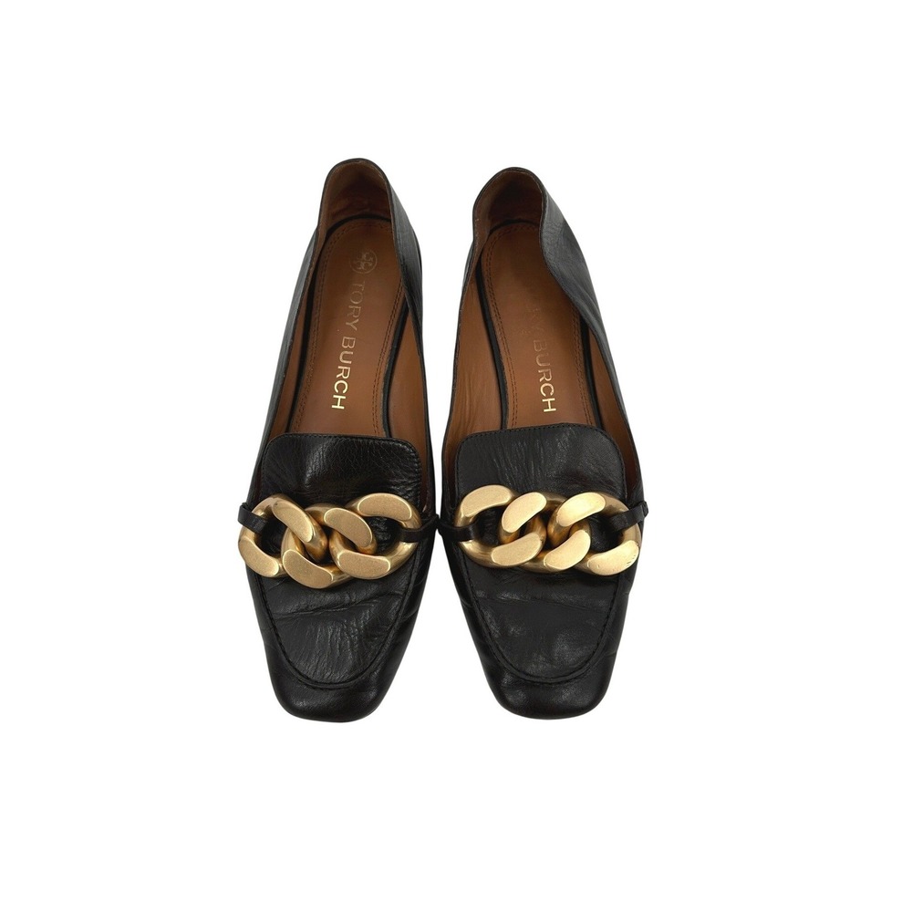 Tory‎ Burch Ruby Chain Loafers Black Leather Gold Flats Square Toe Womens 10M